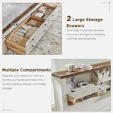 Farmhouse King Size Bed Frame with 54" Tall Storage Bookcase Headboard, Wood Platform Bed Frame with 2 Drawers & 18" Tall Roman Column Decoration Footboard, No Box Spring Needed(Antique White) T4TREAM