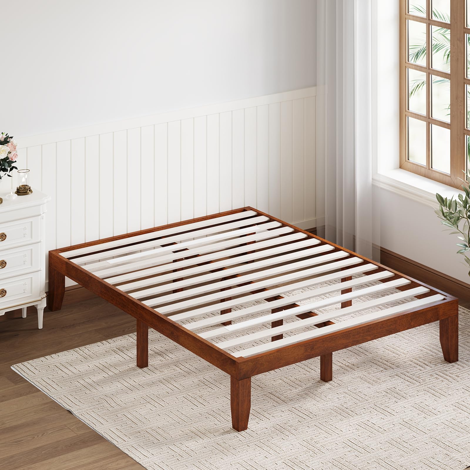 Giantex 14 Inch Queen Walnut Wood Platform Bed Frame with Heavy Duty Slat Support, Minimalist Design, No Box Spring Needed - WoodArtSupply