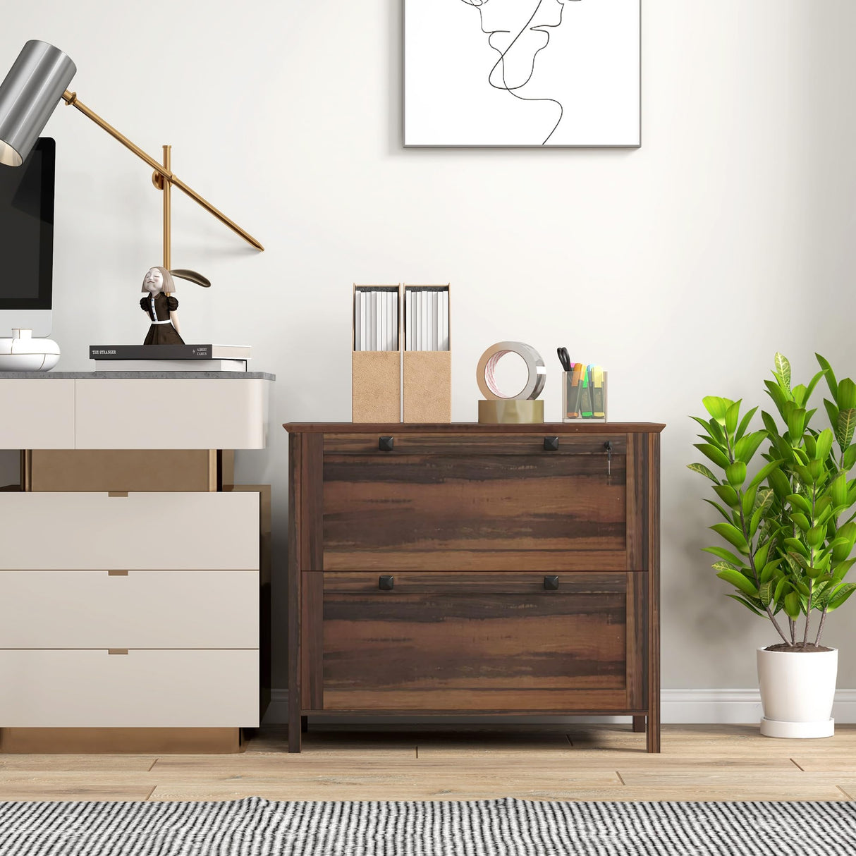 HOMCOM 2 Drawer File Cabinet with Lock, Lateral Filing Cabinet with Keys and Adjustable Hanging Bar for Letter, A4 and Legal Size, File Cabinet for Home Office, Brown HOMCOM