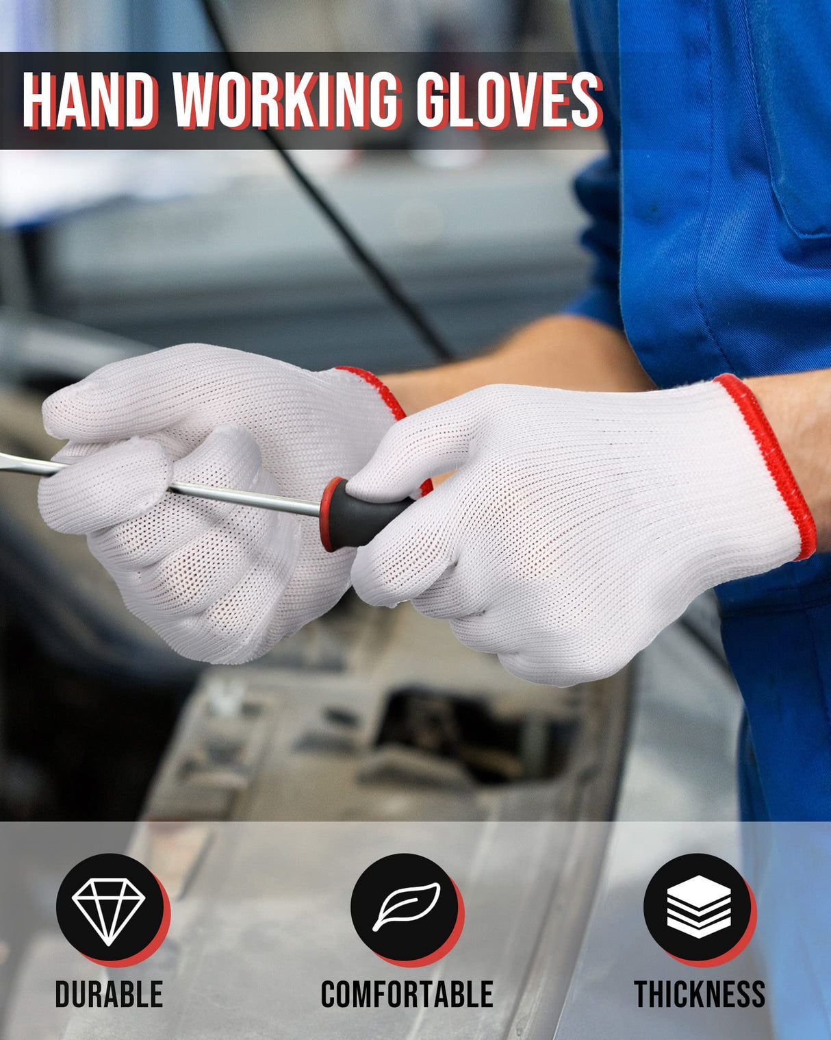 SATINIOR 36 Pairs Hand Work Gloves White Cotton Liners Gloves Safety Work Gloves Liners Men Women Cotton BBQ Gloves (Red Edging), One Size SATINIOR