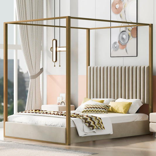 XD Designs Modern 4-Poster Canopy Platform Bed Queen Size with Channel Upholstery Tufted Headboard, Gold Metal Canopied Design Platform Bed Frame with Strong Slats Support (Beige+U)