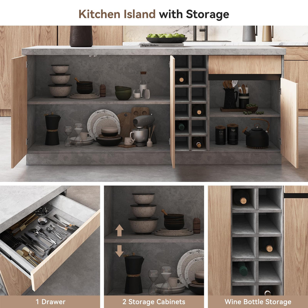 homary 72'' Kitchen Island with Storage Gray Japandi Island Table with LED Light Wood Kitchen Cabinet with Drawers & Wine Rack homary