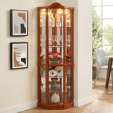 Glass Display Cabinet with Glass Doors, Corner Curio Cabinet with 4 Adjustable Glass Shelves, China Cabinet with Wooden Flower Carving for Living Room, Hallway, Oak Hayiodda