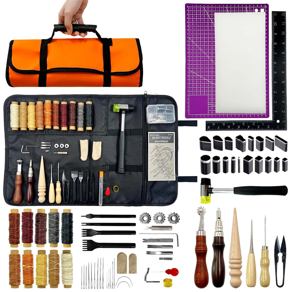 Daily Treasures 73pcs Leather Craft Kits with Portable Handbag, Leather Working Kit with 18 Punch Tool,Tracing Wheel,7 in 1 Groover,Awl,Waxed Thread,Needles,Tools for DIY Polishing Sewing Cutting Daily Treasures
