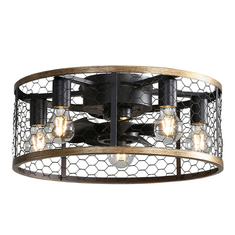 20" Industrial Caged Ceiling Fan, With 7 - ABS Blades Remote Control Reversible DC Motor, Small Flush Mount Ceiling Fan For Farmhouse - Black HouseOfZazla