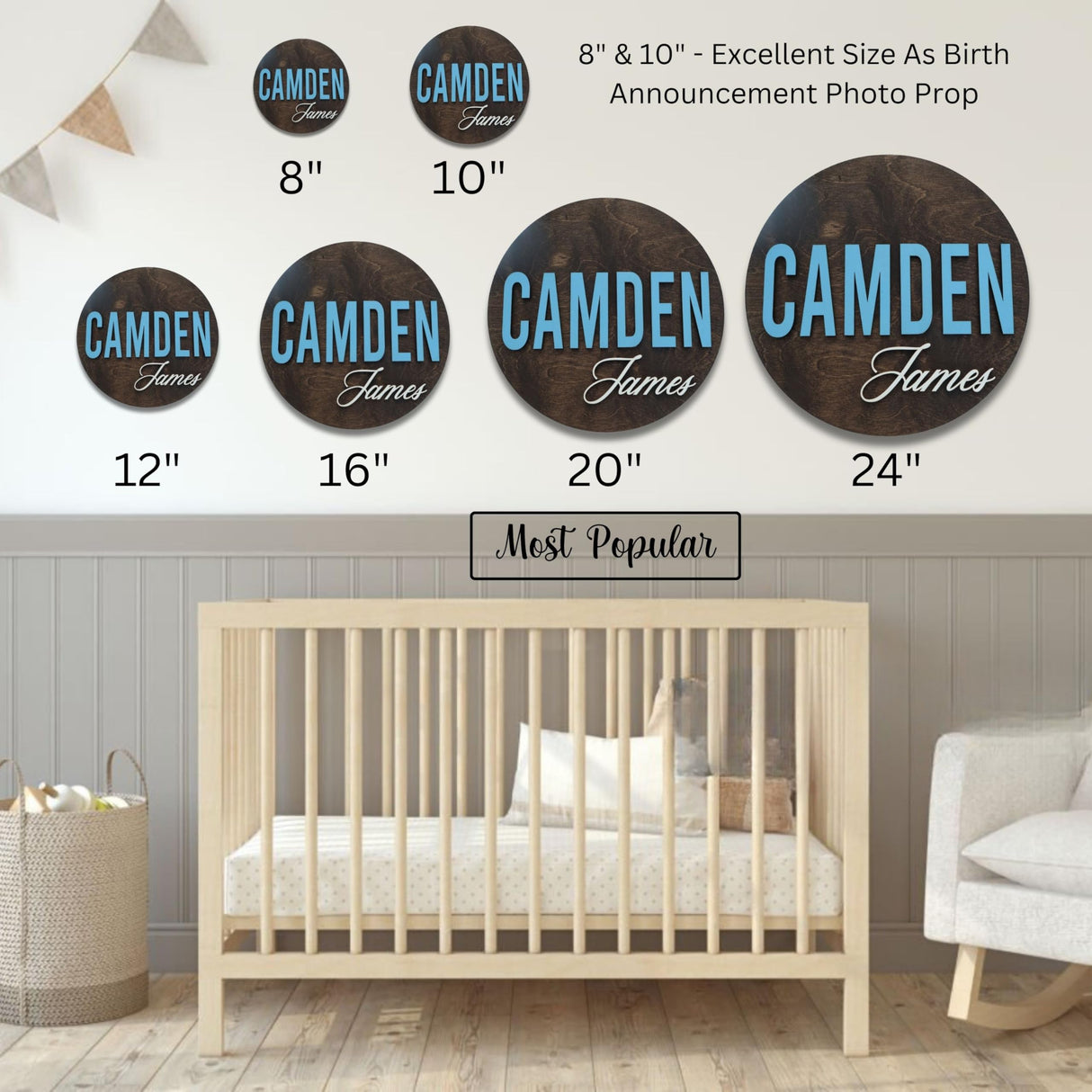 Custom Round Nusery Name Sign, Personalized 3D Baby Name Announcement Sign, Personalized Wooden Wall Plaque, 3D Wall Art for Children & Kids Rooms, Family Name Signs, 30 Colors (Design 9) Obsidian Home Creations