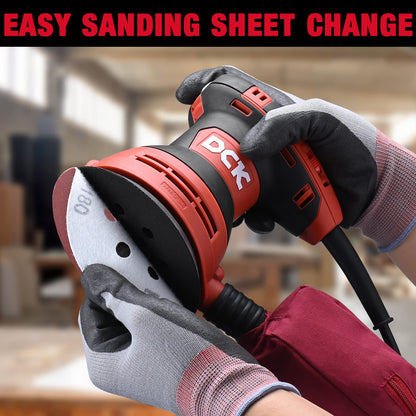 DCK Random Orbital Sander, 3.0 AMP Corded Palm Sander, 6 Speeds Max 12,000 OPM, 5-Inch with 10 pcs Sandpapers, Dust Bag, Low Vibration, Drywall Sander for Woodworking, Decoration Furniture (K - WoodArtSupply