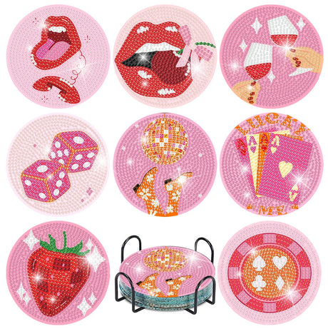 Canrichshop Pink Vintage Diamond Paintings Coasters Kits Set,8 Pieces Retro Funny Drinks Diamond Art Painting Coasters Kit with Holder,5D DIY Full Drill Diamonds Dot for Beginners Gift Canrichshop