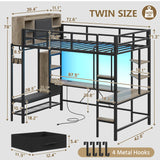 busyaeh Loft Bed with Hall Tree, Twin Loft Bed with Desk, Storage Headboard & 2 Drawers, Twin Size Loft Bed with LED Lights, Charging Station, Safety Guardrail & Ladder, No Box Spring Needed,Oak Gray busyaeh