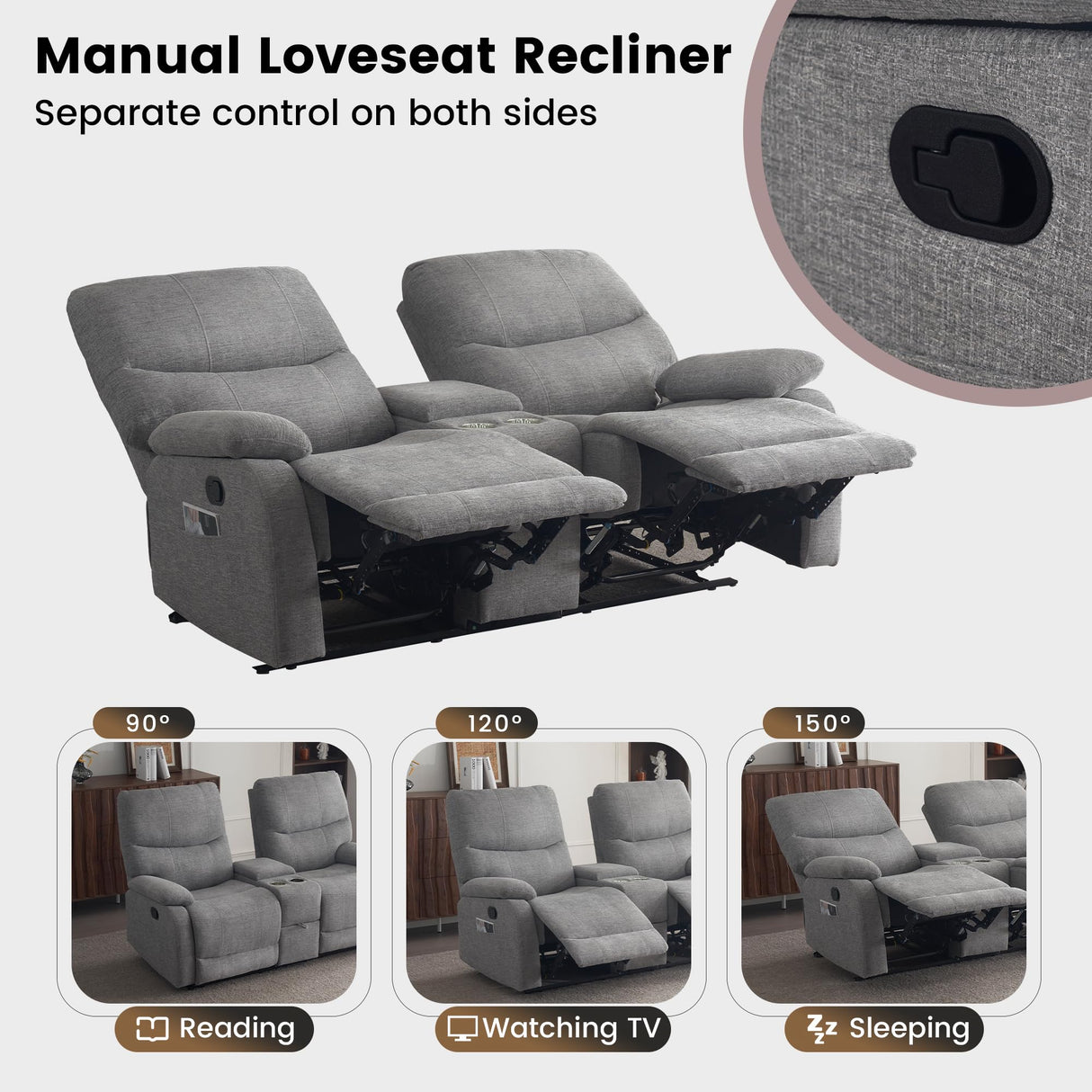 GUEAPY Manual Reclining Loveseat Sofa, Double Recline Love seat with Heat & Massage, Cup Holders & Storage Pocket, Comfortable Reclining Loveseat for Home Theater, Living Room, RV Recliner Grey GUEAPY