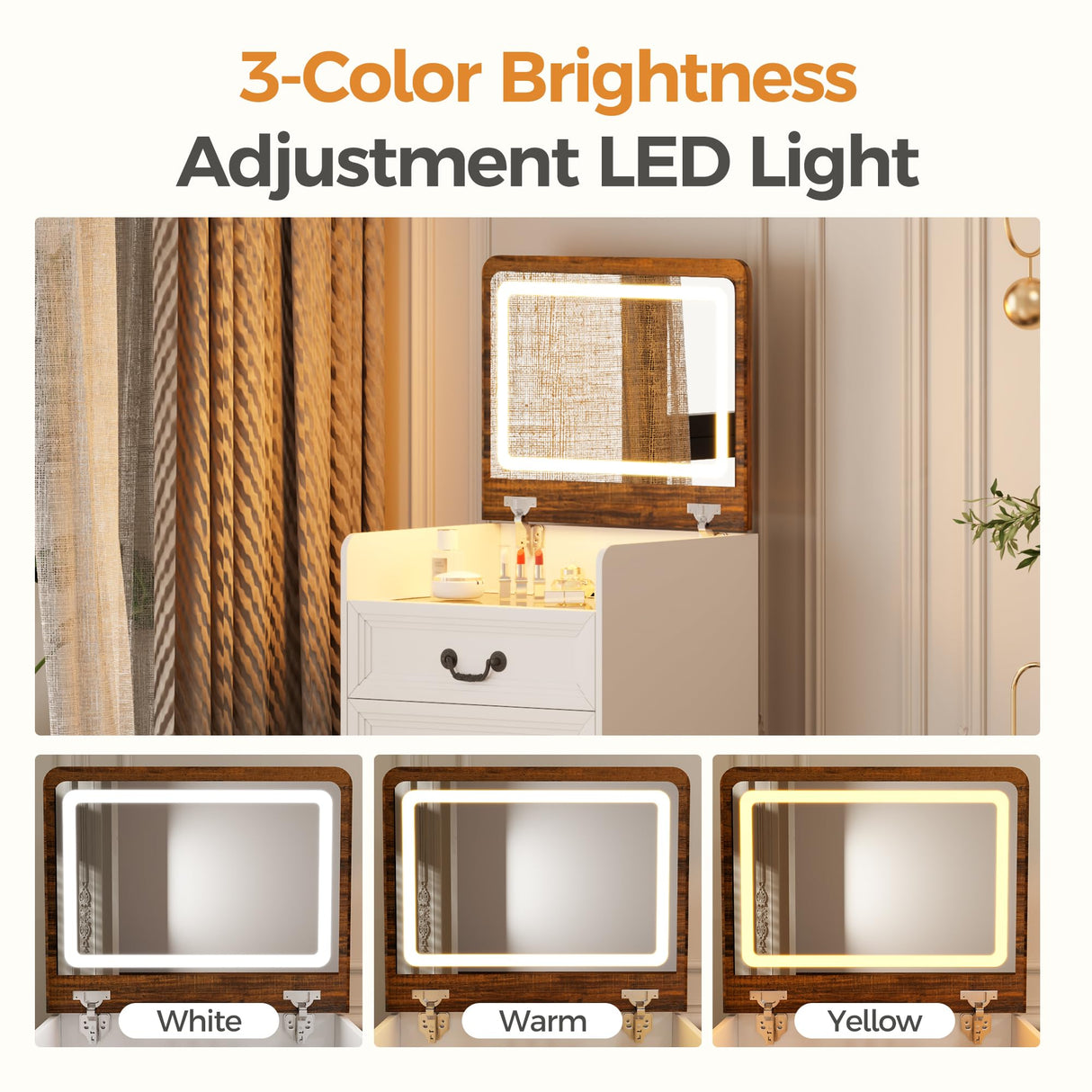 ChicFurnit Makeup Vanity,3-in-1 Vanity Desk with Flip-Top Mirror,Hidden Stool & Visible Glass Desktop,Convertible Vanity Set with USB Charging Station,Open Shelf & 3-Color Lighting,White&Brown ChicFurnit