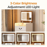 ChicFurnit Makeup Vanity,3-in-1 Vanity Desk with Flip-Top Mirror,Hidden Stool & Visible Glass Desktop,Convertible Vanity Set with USB Charging Station,Open Shelf & 3-Color Lighting,White&Brown ChicFurnit