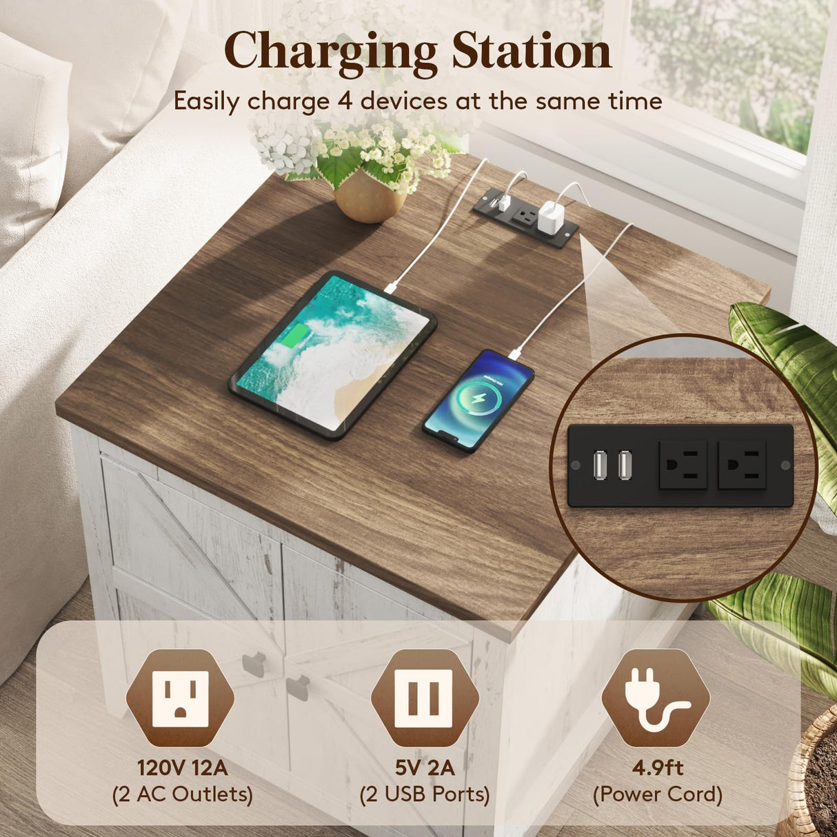 Lifewit Farmhouse End Table with Charging Station and USB Ports, 24" Large Tabletop Side Table with Double Barn Doors, Wood Square Nightstand for Living Room, Office, Bedroom, Rustic White Lifewit