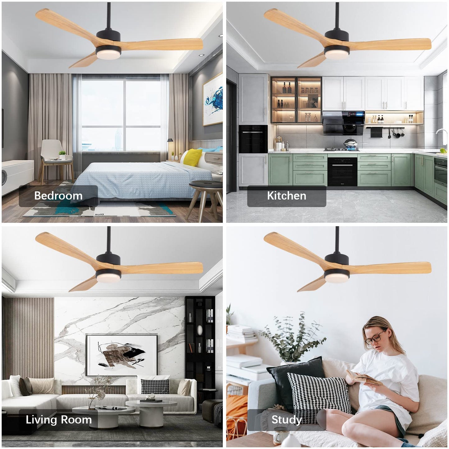 revoici 52” Ceiling Fans with Lights Remote Control,Indoor Outdoor Wood Ceiling Fan with 3 Blade for Patio Living Room, Bedroom, Office, Summer House, Etc - WoodArtSupply