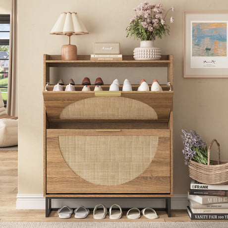 Maupvit Rattan Shoe Storage Cabinet with 2 Flip Drawers, Freestanding Shoe Organizer with Metal Legs for Entryway, Hidden Golden Handles, Narrow Shoe Rack Cabinet, Rustic Oak Rattan Maupvit
