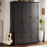 ONBRILL 3 Doors Wooden Wardrobe Closet Armoire with Pull Out Pants Rack, Bedroom Large Capacity Armoire with Drawers and Shelves, Storage Cabinet for Hanging Clothes, Black ONBRILL