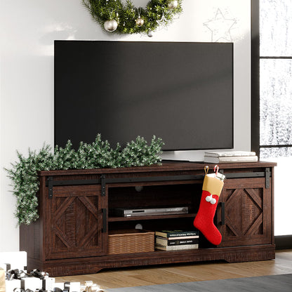 WAMPAT Farmhouse TV Stand Modern Sliding Barn Door Entertainment Center for TVs Up to 65 inch, Wood TV Media Console Table Cabinet Storage for Living Room, Rustic Brown - WoodArtSupply