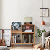 affeivul Mid-Century Vinyl Storage Cabinet Table with Solid Wood Legs, Turntable Stand with Power Outlet Holds up to 200 Albums, Record Player Holder Display Shelf, End Table for Bedroom Living Room affeivul