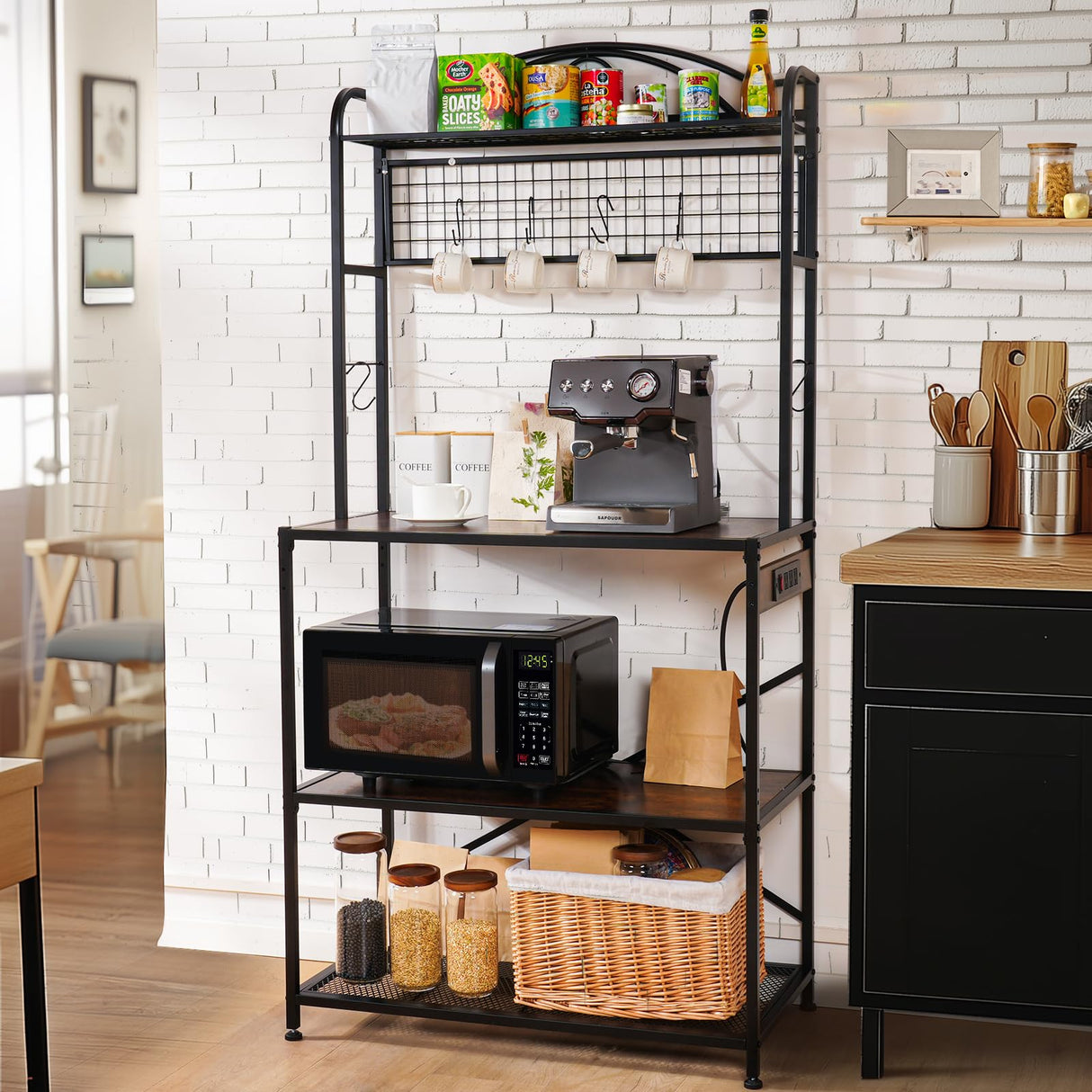 Home Limpidity Bakers Rack for Kitchen, 33-inch Wide Coffee Bar Station with Power Outlet, 5 Tier Microwave Stand Storage Shelf with S-Shaped Hooks, Metal Frame with Brown Wood Tabletop Home Limpidity