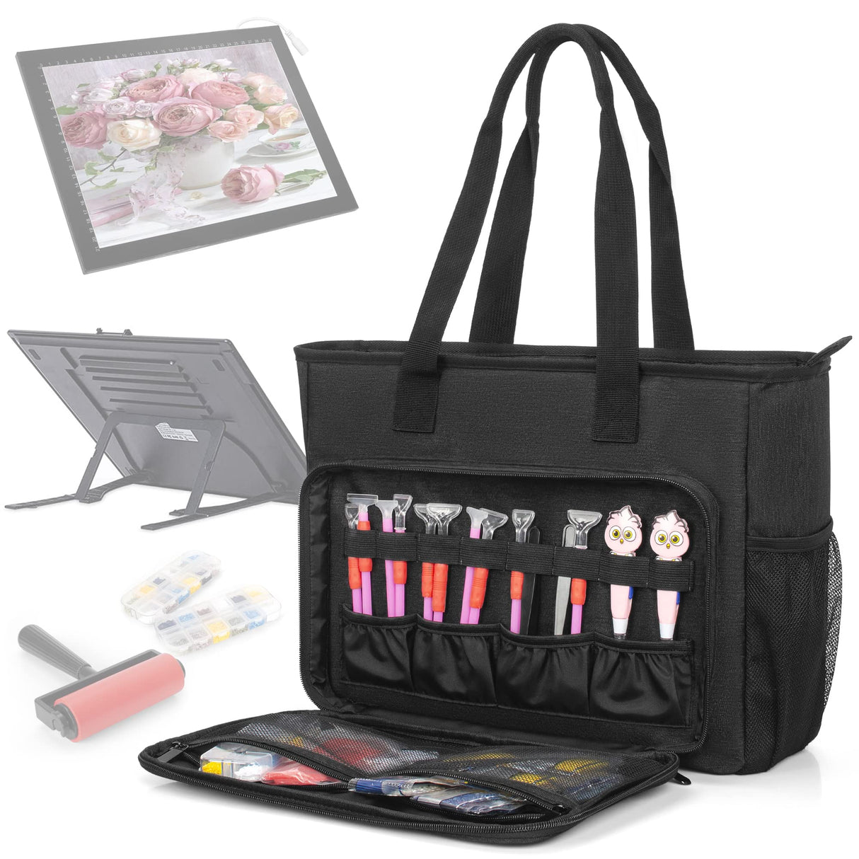 TORIBIO Carrying Bag for Diamond Painting A4 LED Light Pad, Diamond Painting Tools Storage Bag, Embroidery Protective Case for Embroidery Floss and Supplies, 15.4"x12.2"x4.7", Black,Bag Only TORIBIO