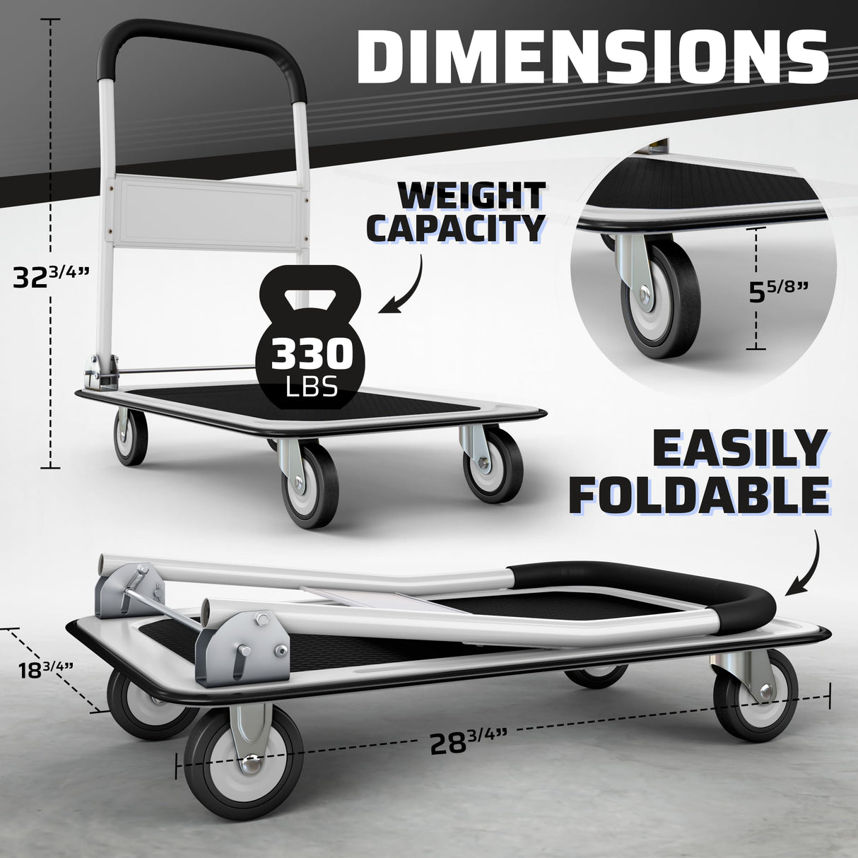 Upgraded Foldable Push Cart Dolly | 330 lbs. Capacity Moving Platform Hand Truck | Heavy Duty Space Saving Collapsible | Swivel Push Handle Flat Bed Wagon - White Lifetime Appliance Parts