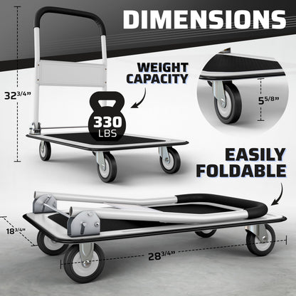 Upgraded Foldable Push Cart Dolly | 330 lbs. Capacity Moving Platform Hand Truck | Heavy Duty Space Saving Collapsible | Swivel Push Handle Flat Bed Wagon - White - WoodArtSupply