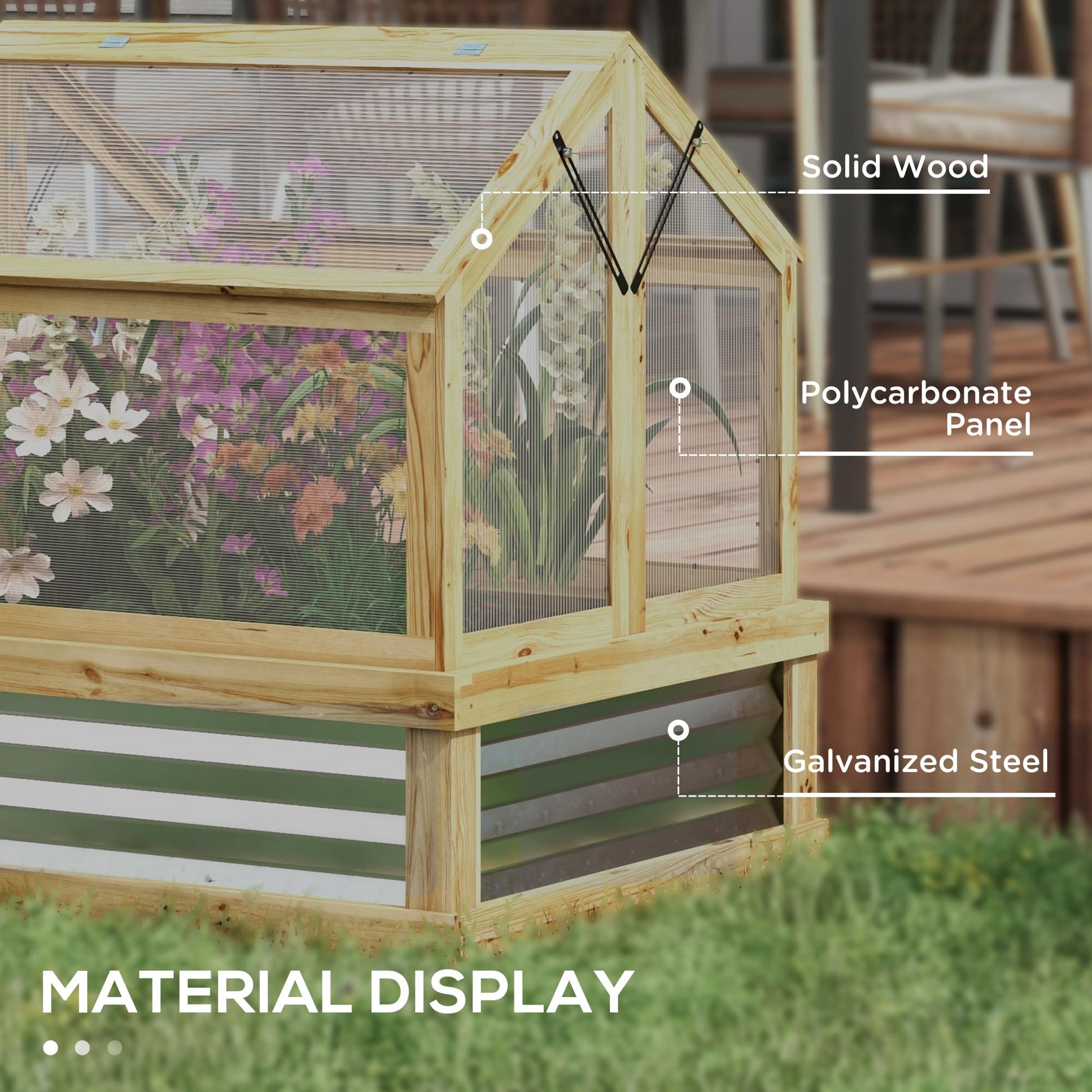 Outsunny Raised Garden Bed with Polycarbonate Greenhouse, Wooden Cold Frame Greenhouse, Garden Flower Planter Protection, Peak Roof, 35.5" x 31.5" x 36", Natural - WoodArtSupply