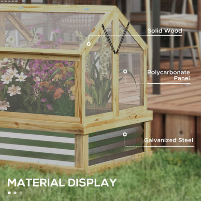 Outsunny Raised Garden Bed with Polycarbonate Greenhouse, Wooden Cold Frame Greenhouse, Garden Flower Planter Protection, Peak Roof, 35.5" x 31.5" x 36", Natural - WoodArtSupply