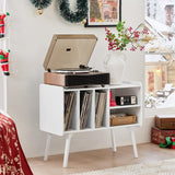 Lerliuo Record Player Stand with 4 Cabinet Holds Up to 220 Albums, Large Turntable Stand with Beech Wood Legs, Mid-Century Record Player Table,White Vinyl Holder Storage Shelf for Bedroom Living Room Lerliuo