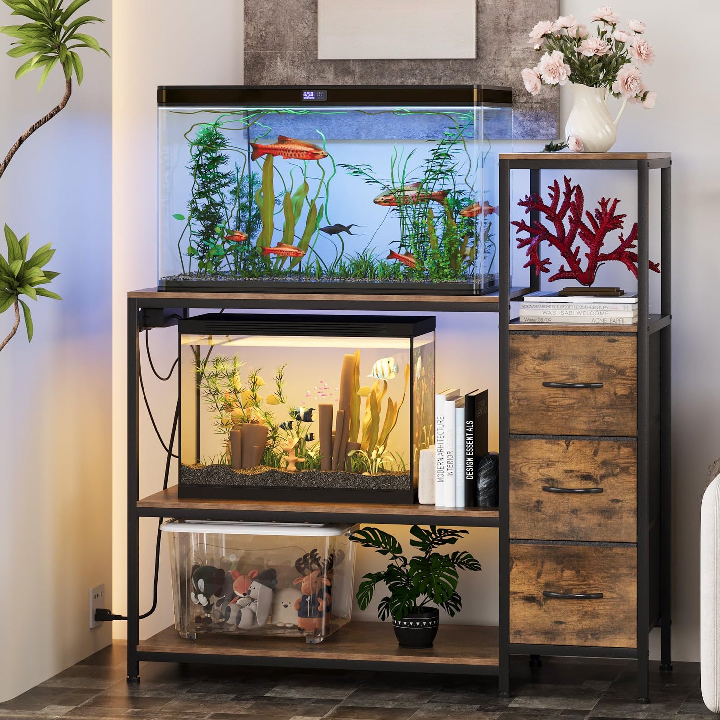 Welfuturer 20 Gallon Aquarium Stand with Power Outlets Rustic Fish Tank Stand with 3 Drawers Metal Frame Heavy Duty Reptile Tank Stand with 3-Tier Storage Shelves for Home Office, Brown