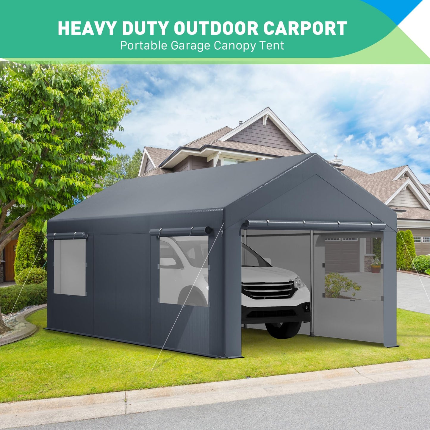 VerisShade 12x20 FT Heavy Duty Carport, Portable Garage with Sidewalls, Roll-up Windows, Carports 12x20 Heavy Duty for Car Boat Truck Motorcycle (Gray) - WoodArtSupply