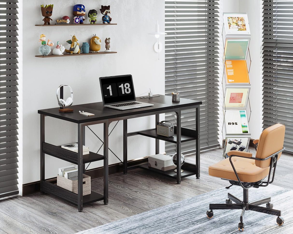AODK 48 Inch Small Computer Desk with Power Outlets & Type-C, Home Table with Storage Shelves, Student Laptop PC Desks for Small Spaces Home Office Writing Desk, Kids Desk, Black AODK