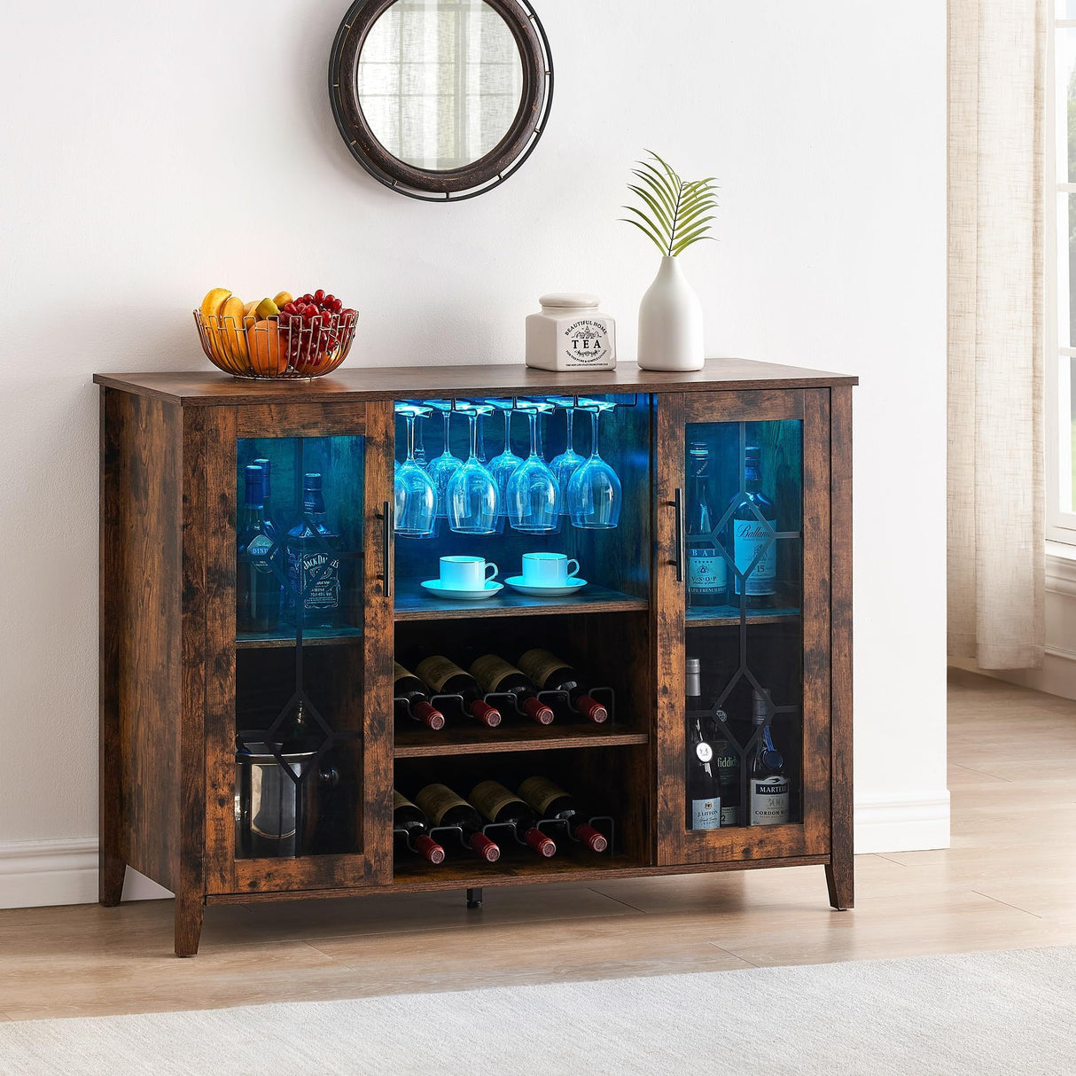 Assile Bar Cabinet with LED Lights, 47" Kitchen Cabinets Storage with Wine Rack and Glass Holder, Coffee Storage Cabinets with Doors, Rustic Compartment Retro Brown Assile
