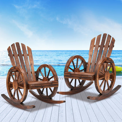 AHB Outdoor Wood Rocking Chair, Wagon Wheel Decor Armrest Yard Glider Rocking Patio Chair with Slatted Design, Adirondack Rocking Chair for Porch Lawn Garden Balcony Poolside, Brown (1 PCS)