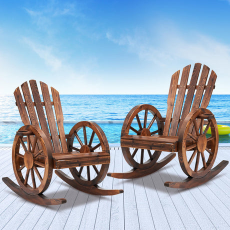 AHB Outdoor Wood Rocking Chair, Wagon Wheel Decor Armrest Yard Glider Rocking Patio Chair with Slatted Design, Adirondack Rocking Chair for Porch Lawn Garden Balcony Poolside, Brown (2 PCS) AHB