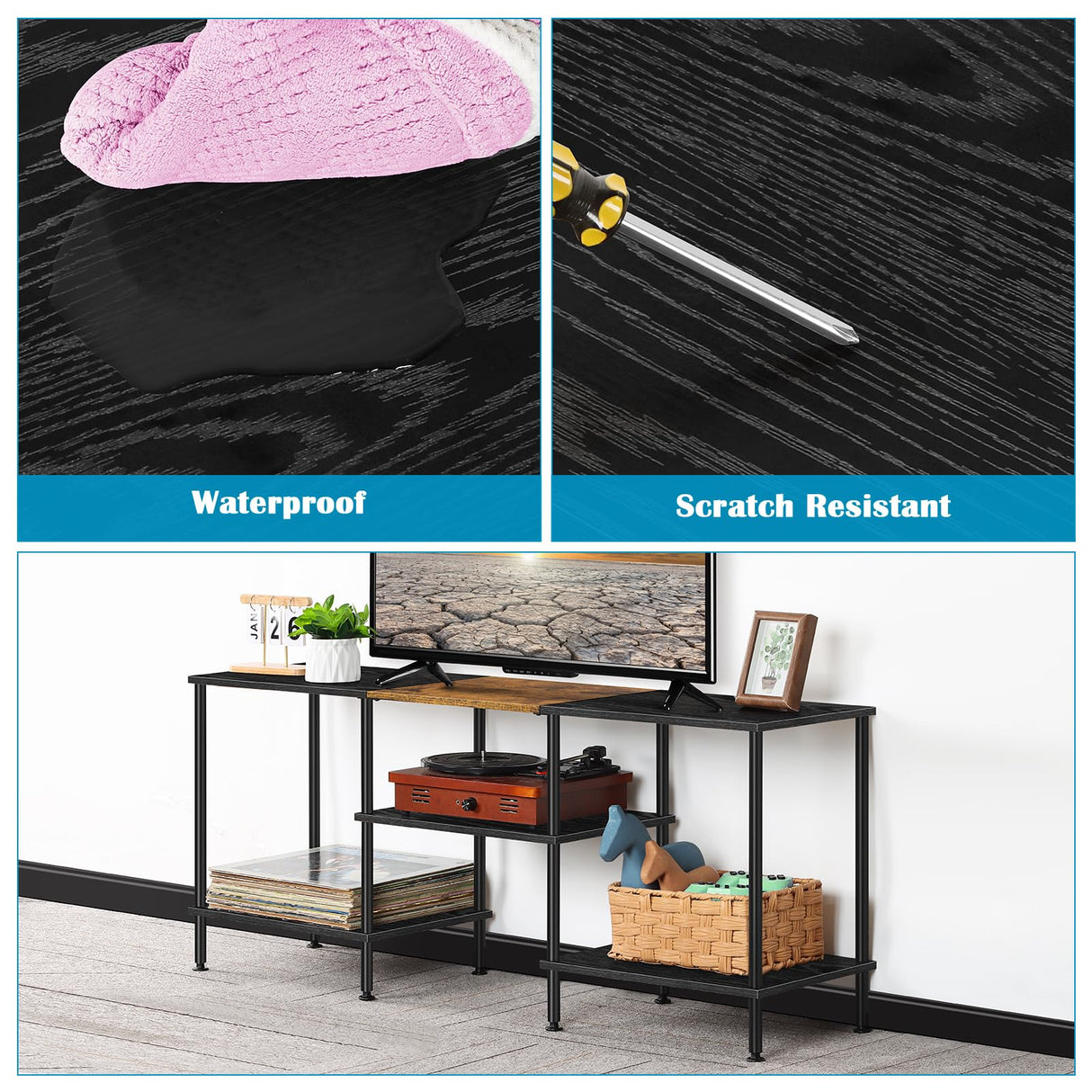 50 inch TV Stand 3 Tier Entertainment Center with Storage Shelves Small Tall Television Console Table with Metal Frame, Industrial TV Cabinet for Living Room Bedroom, Black BTY