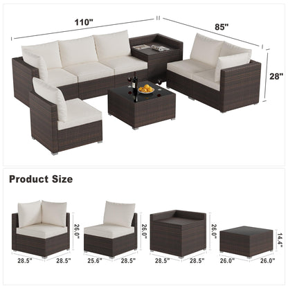 IDEALHOUSE 8 Pieces Outdoor Patio Furniture Set with Storage, 4 Inch Cushions Outdoor Wicker Rattan Patio Furniture Sectional Set with Glass Table and Hidden Storage Box, Brown - WoodArtSupply