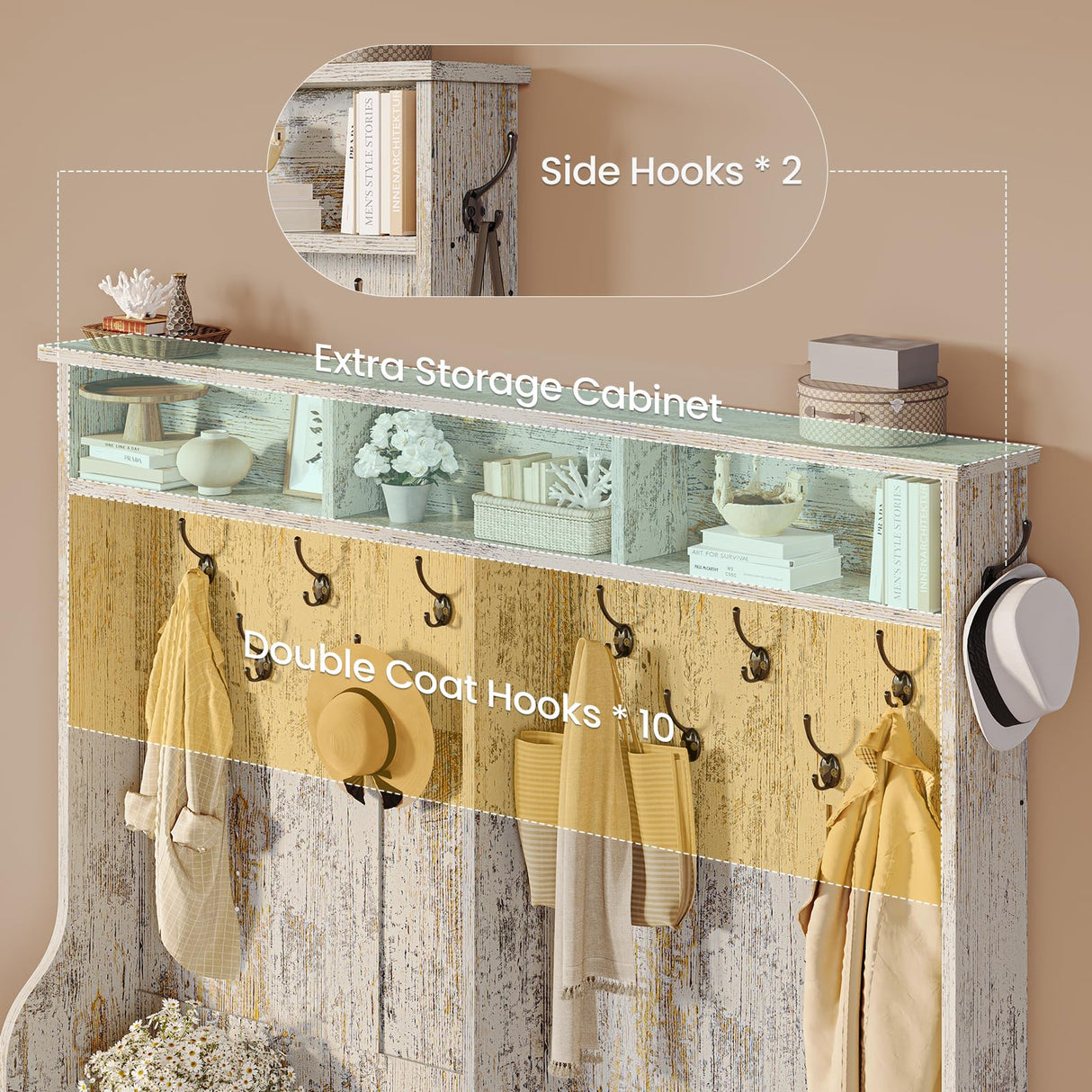 Itaar Hall Tree with Bench and Shoe Storage, 5-in-1 Entryway Bench with Coat Rack, 16 Shoe Cubbies & 12 Coat Hooks, Barn Door & Adjustable Shelf (Vintage White) Itaar