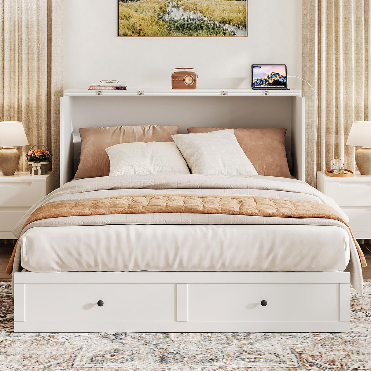 LIVAUVEAD Queen Murphy Bed with Storage & Charging Station, Murphy Cabinet with Foldable Panel, Noisy Free, for Guest Bedroom, Living Room, Office, Distressed White LIVAUVEAD