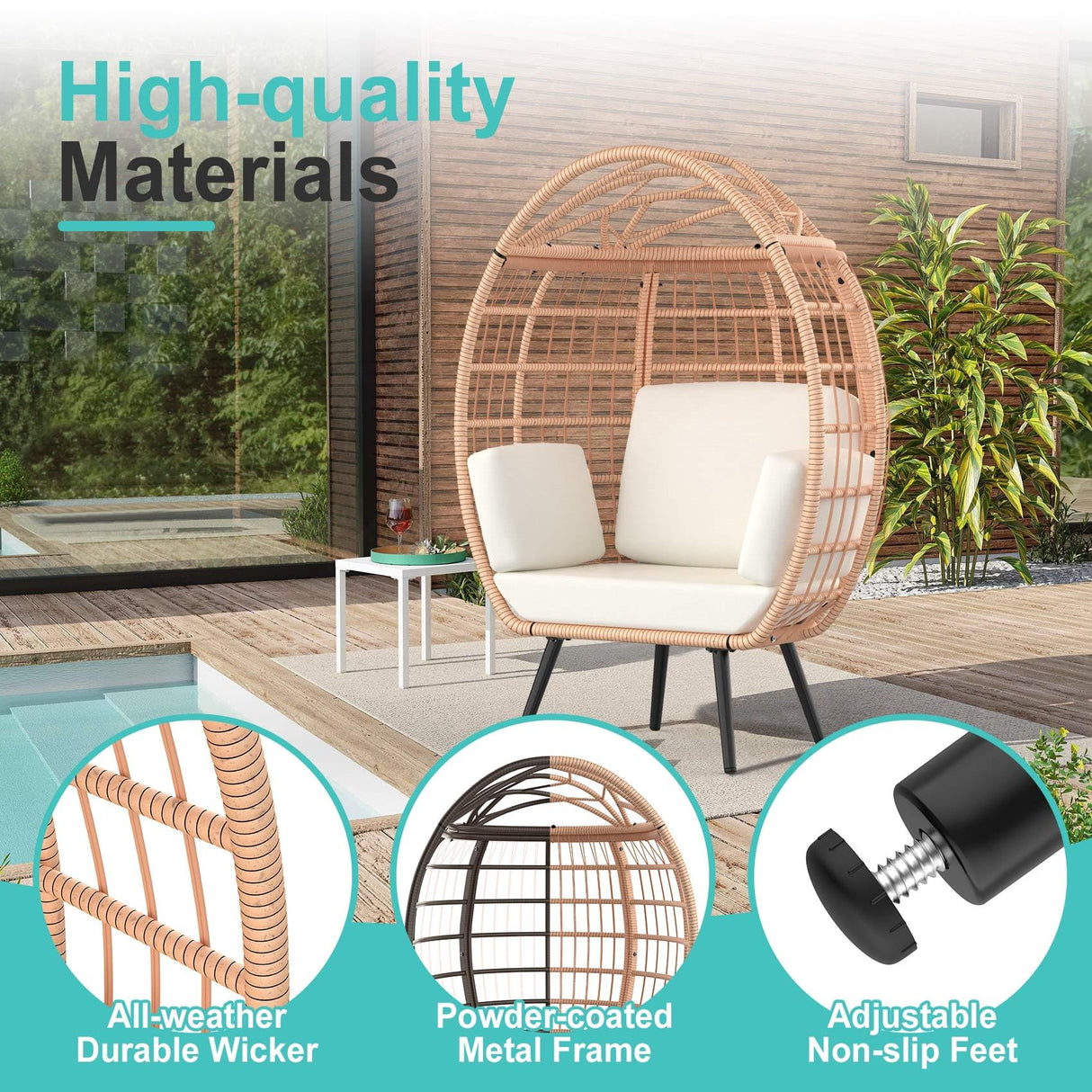 ZENPETIO Wicker Egg Chair, Oversized Indoor Outdoor Lounger with 4 UV Resistant Cushions, Storage Bag, All-Weather Wicker Egg Lounger Chair for Patio, Backyard, Living Room, 370lbs Capacity - White ZENPETIO