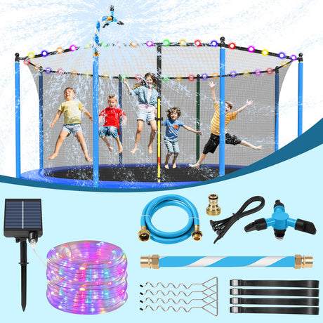 Lyromix Trampoline Accessories Kit, Trampoline Sprinkler, 50FT Solar Lights and Stakes, Non-Damaging to Net, Features 8 Light Modes, Compatible with 8 10 12 14 15 16FT Trampolin Lyromix