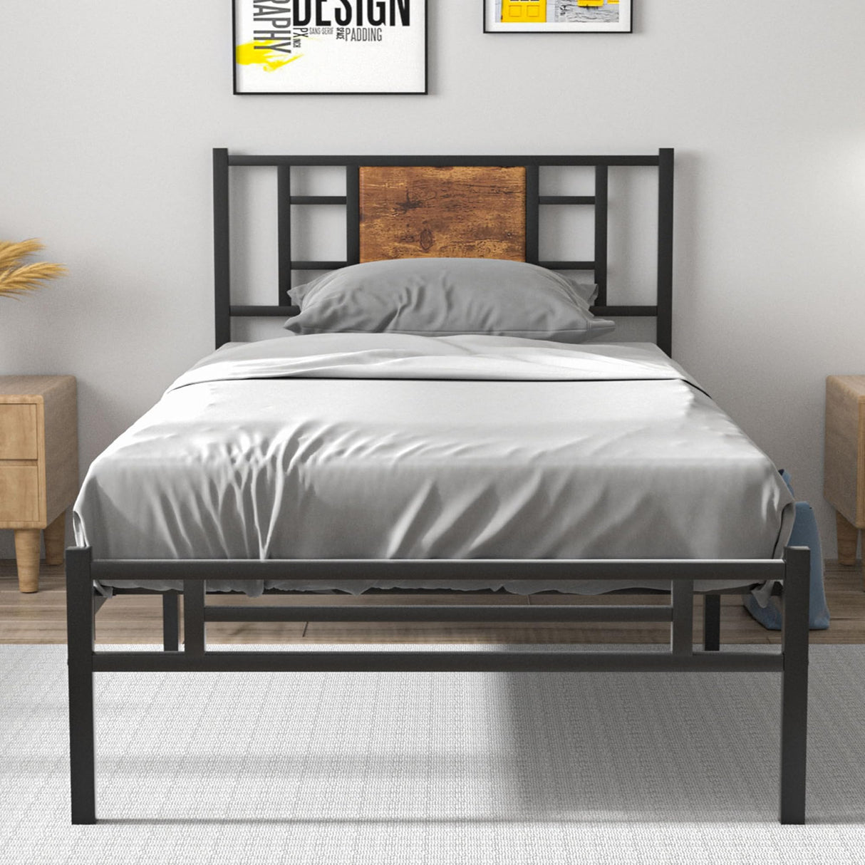 VECELO Twin Size Bed Frame with Headboard, Heavy-Duty Platform with Metal Slats Support, No Box Spring Needed/Easy Assembly, Black VECELO