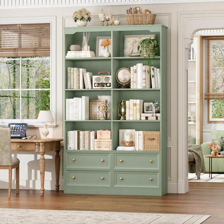 FINETONES 71" Tall Bookshelf with 4 Drawers, 6-Tier Double Wide Bookshelves and Bookcases with Storage, Green Bookshelf Large Open Bookshelves Standing Book Cabinet for Home Office FINETONES