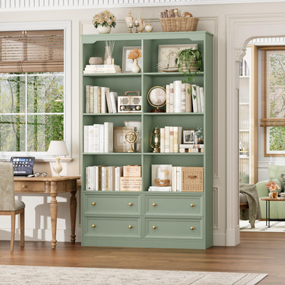 FINETONES 71" Tall Bookshelf with 4 Drawers, 6-Tier Double Wide Bookshelves and Bookcases with Storage, Green Bookshelf Large Open Bookshelves Standing Book Cabinet for Home Office