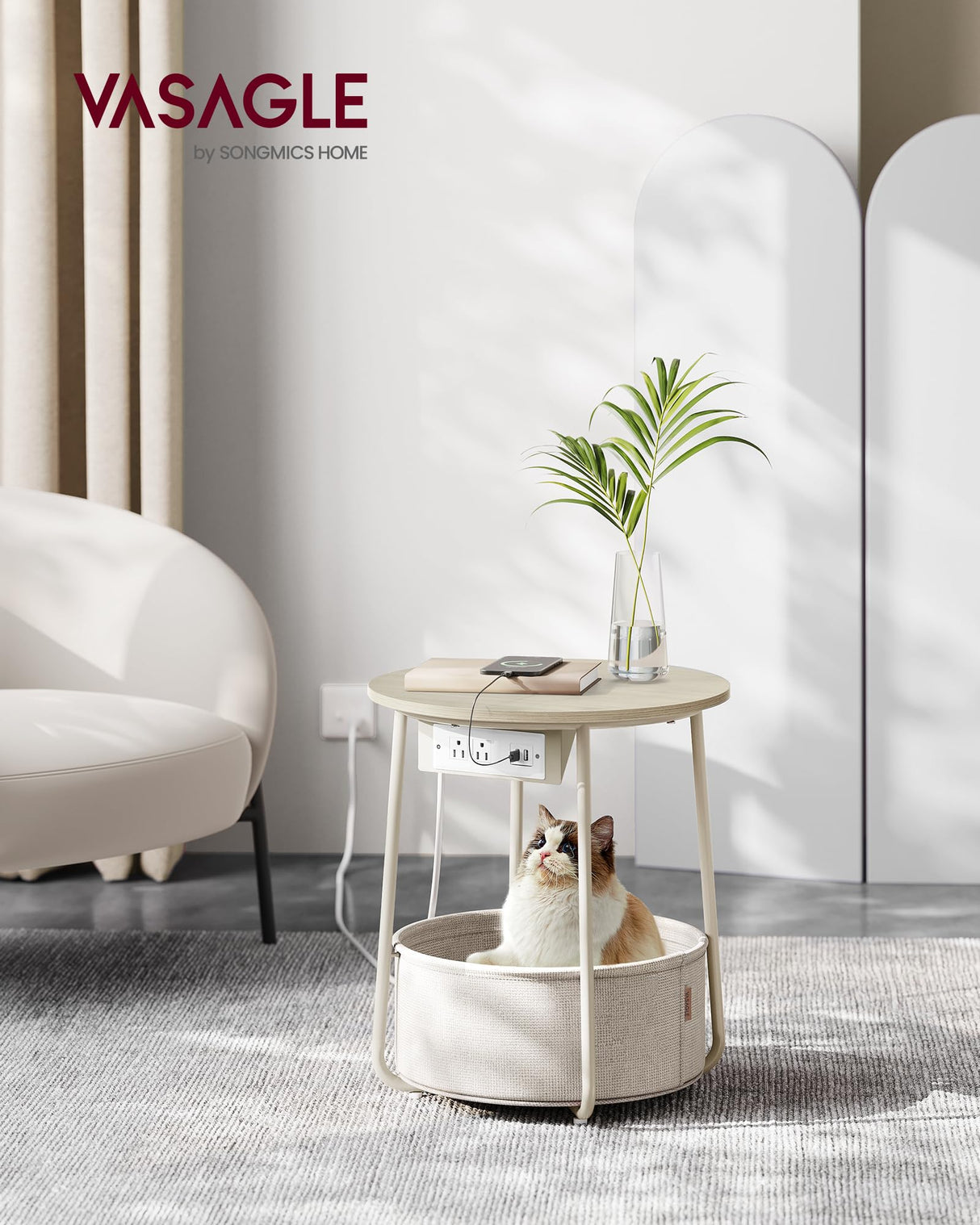 VASAGLE Side Table with Charging Station, Round End Table, Nightstand with Power Outlets, USB Ports, Fabric Basket, Living Room, Bedroom, Modern, Cream White ULET228N01 VASAGLE