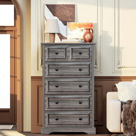 VVFLU Farmhouse 6 Drawer Dresser, 48" Tall Dresser Chest of Drawers with Natural Texture & Metal Handles, Storage Dressers Organizer for Bedroom, Living Room, Hallway, Vintage Design (Grey) VVFLU