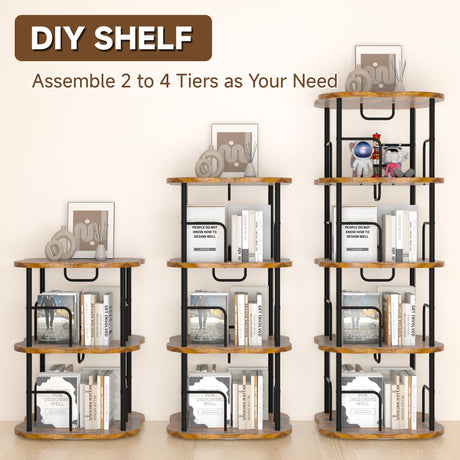 TEROL 4-Tier Rotating Book Shelf, 360° Display Spinning Bookshelf Tower, Book Organizer, Floor Standing Bookcases for Small Space, Corner Book Shelf for Bedroom, Living Room, Study Room (RUSTIC BROWN) TEROL