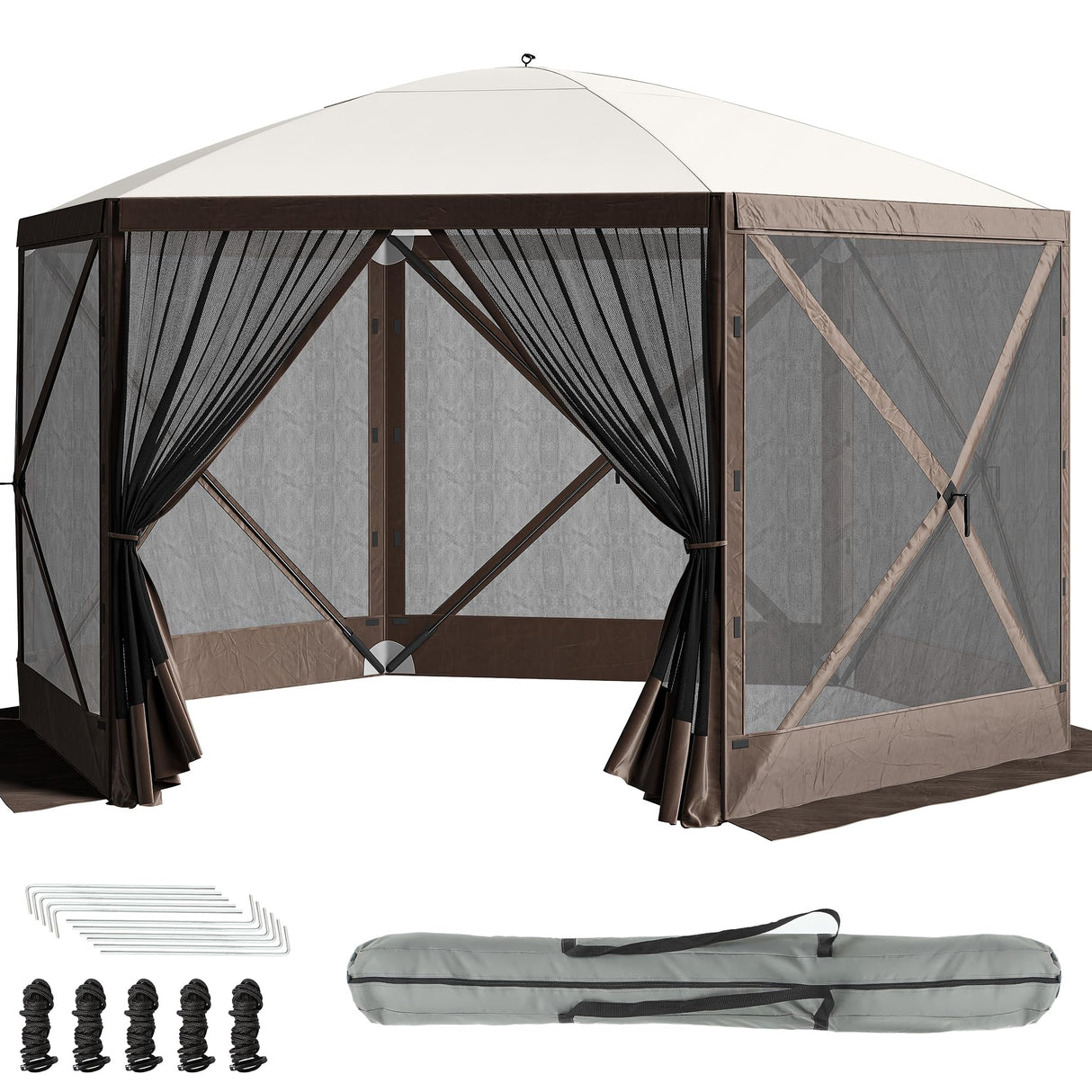 DWVO Gazebo Screen Tent, 12x12ft Instant Outdoor Portable Camping Screen House Canopy 6 Sided w/Mesh Windows & Carry Bag for Patio, Camping, Backyard, Brown DWVO
