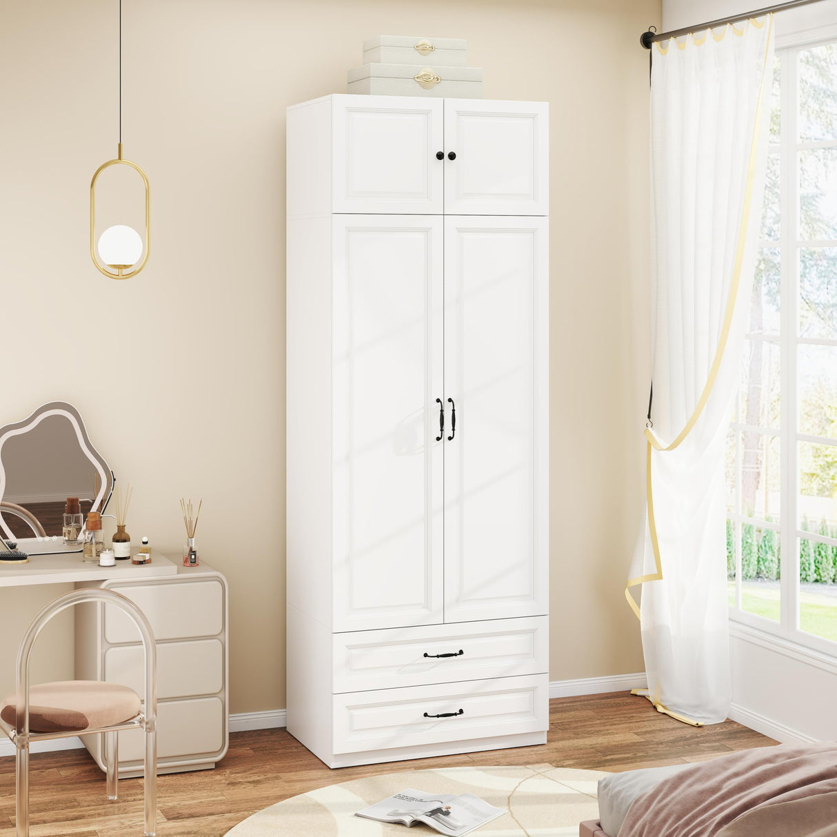 Mhsatyrs Armoire Wardrobe Closet with 2 Drawers: 88" White Bedroom Closet, Wood Wardrobe Closets with 2 Doors, Tall Armoire Cabinet and Storage Shelves for Clothing (31") Mhsatyrs