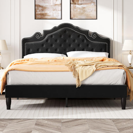 SHA CERLIN Full Size Bed Frame with Adjustable Headboard/Velvet Upholstered/Diamond Button Tufted and Metal Studs/No Box Spring Needed/Wood Slat Support/Easy Assembly/Black SHA CERLIN